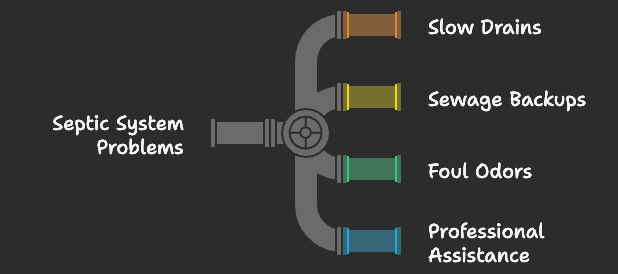 Illustration showing common septic tank problems and main causes of system failure