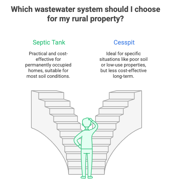 Illustration comparing septic tanks and cesspits for rural properties, showing which wastewater system homeowners should choose