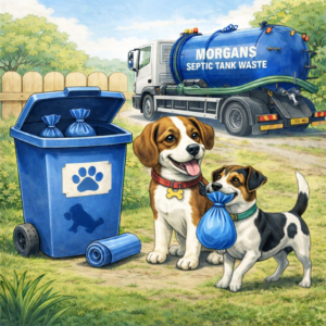 Morgans Septic Tank Waste lorry collecting dog waste in South Wales with company dog holding a blue waste bag