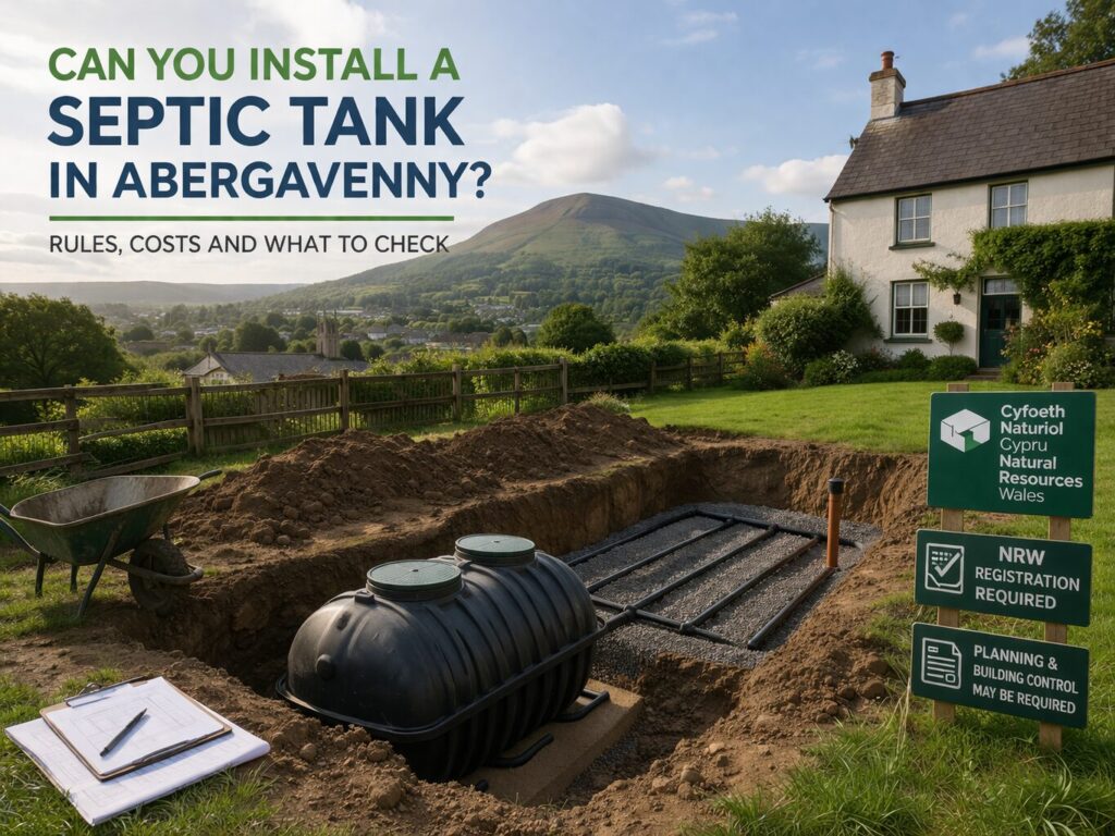 Septic tank installation Abergavenny showing drainage field setup and rural home environment