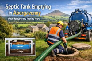 Septic tank emptying in Abergavenny with vacuum tanker and engineer working on rural property