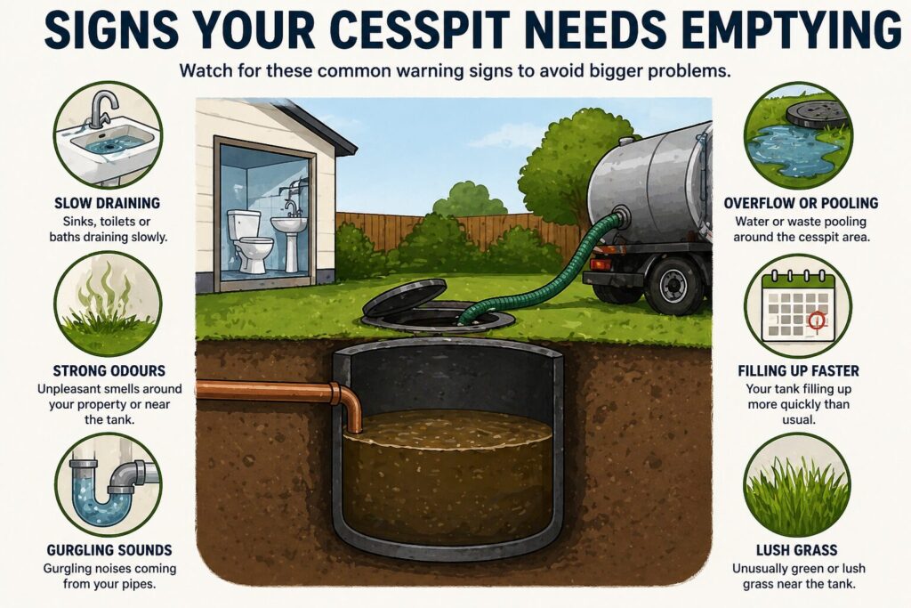Infographic showing signs your cesspit needs emptying including slow drainage, odours, overflow and gurgling pipes