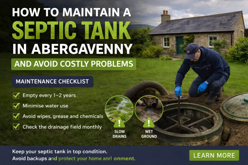 Septic tank maintenance in Abergavenny showing inspection, drainage field checks and tips to avoid costly problems