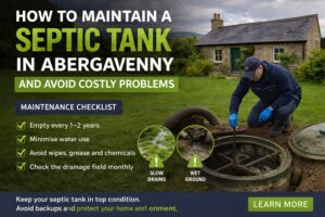 Septic tank maintenance in Abergavenny showing inspection, drainage field checks and tips to avoid costly problems